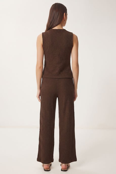 Gestructureerde V-hals Hoge Taille Co-Ord Set met Wijde Pijpenbroek - Image 5