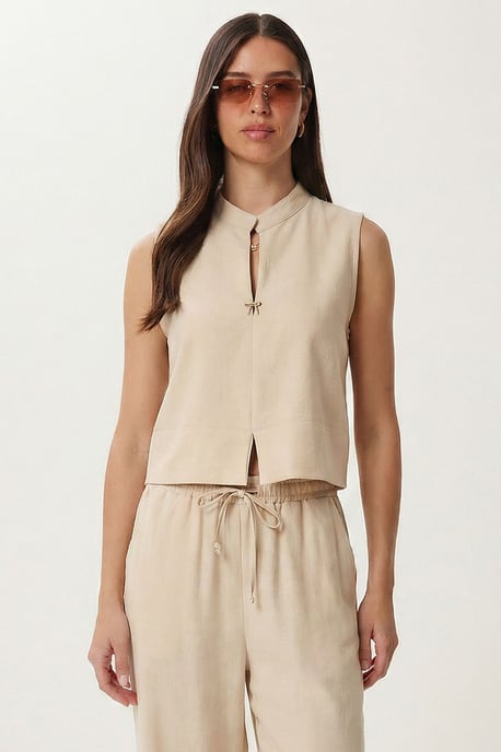 Middenhoge Taille Mandarijnkraag Geweven Twee-delige Co-ord Set - Image 4