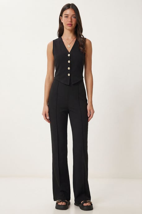Hoge Taille V-hals Button-Up Wijde Pijpen Co-ord Set - Image 1