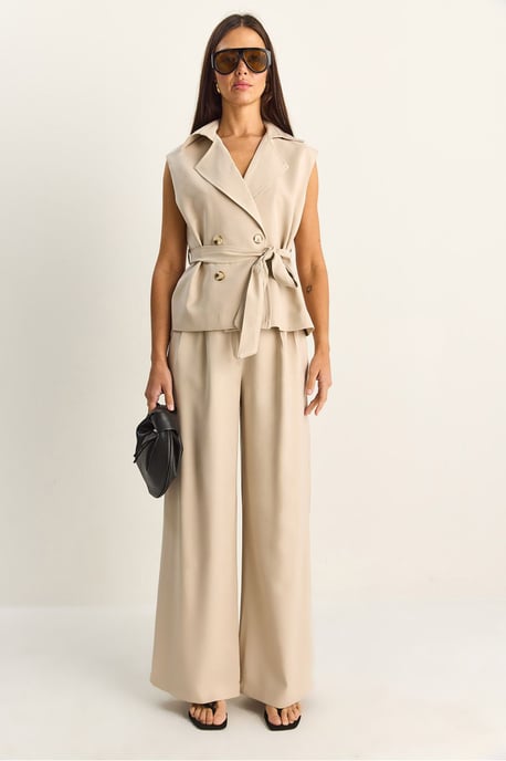 Hoge Taille Wijde Pijpen Co-ord Set met Sjaalkraag - Image 2