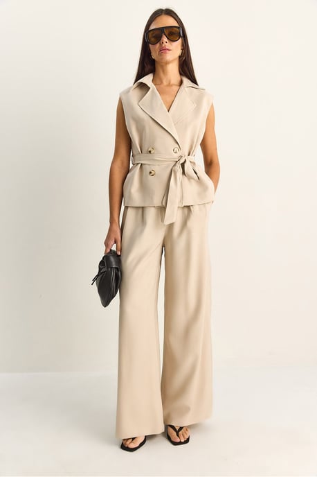 Hoge Taille Wijde Pijpen Co-ord Set met Sjaalkraag - Image 3
