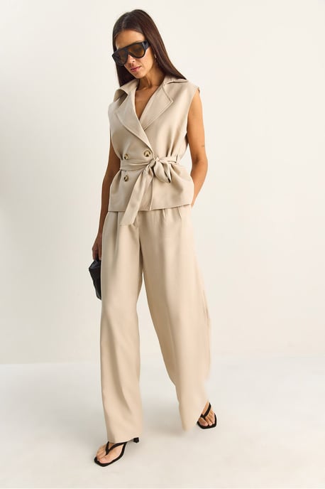 Hoge Taille Wijde Pijpen Co-ord Set met Sjaalkraag - Image 4