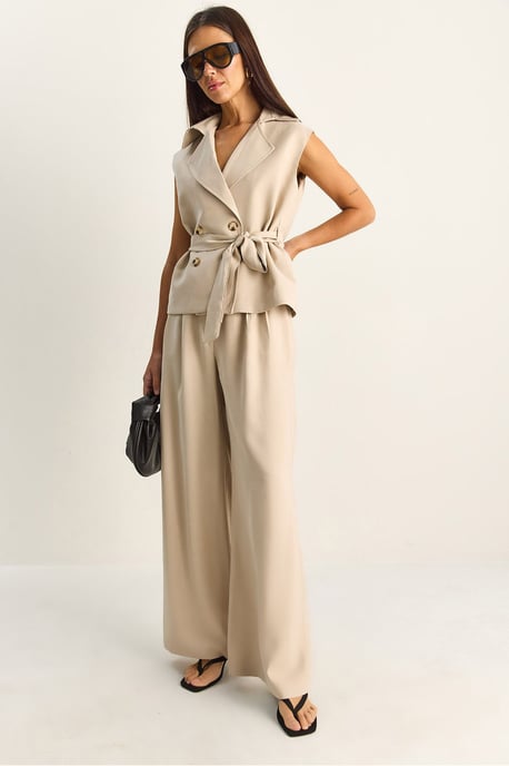 Hoge Taille Wijde Pijpen Co-ord Set met Sjaalkraag - Image 5