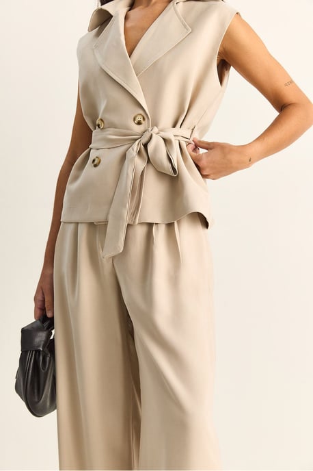 Hoge Taille Wijde Pijpen Co-ord Set met Sjaalkraag - Image 6