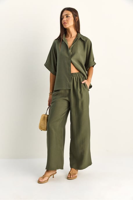 Hoge Taille Brede Pijpen Twee-Delig Co-ord Set met Kraag - Image 3