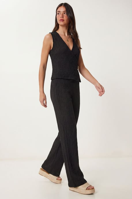 Gestructureerde V-hals Hoge Taille Co-Ord Set met Wijde Pijpenbroek - Image 2