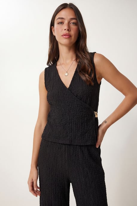 Gestructureerde V-hals Hoge Taille Co-Ord Set met Wijde Pijpenbroek - Image 3