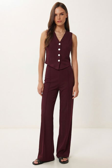 Hoogwaardige Taille V-hals Knopen-up Brede Pijpen Co-ord Set - Image 1