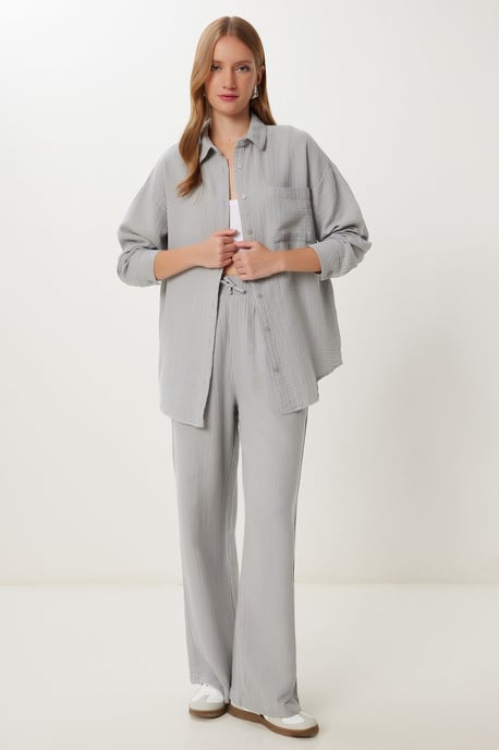 Hoge Taille Wijde Pijpen Twee-Delige Set met Hemdcol - Image 1