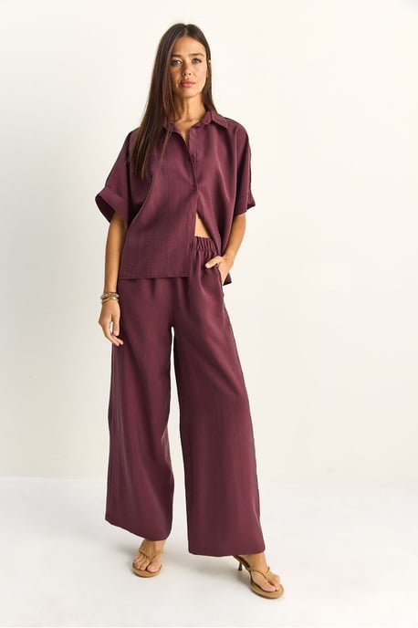 Hoge Taille Wijde Pijpen Twee-delige Co-ord Set met Shirtkraag - Image 3