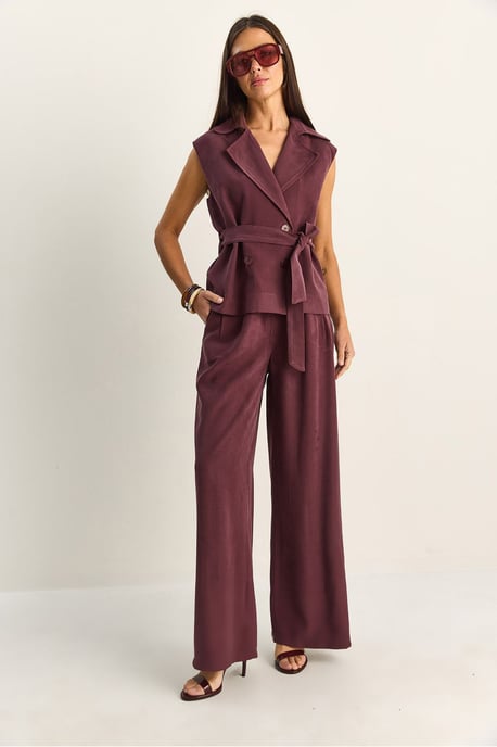 Hoge Taille Wijde Pijpen Co-ord Set met Sjaalkraag - Image 4