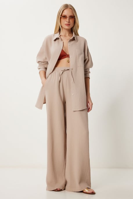 Hoge Taille Brede Pijpen Twee-Delig Co-ord Set met Kraag - Image 1