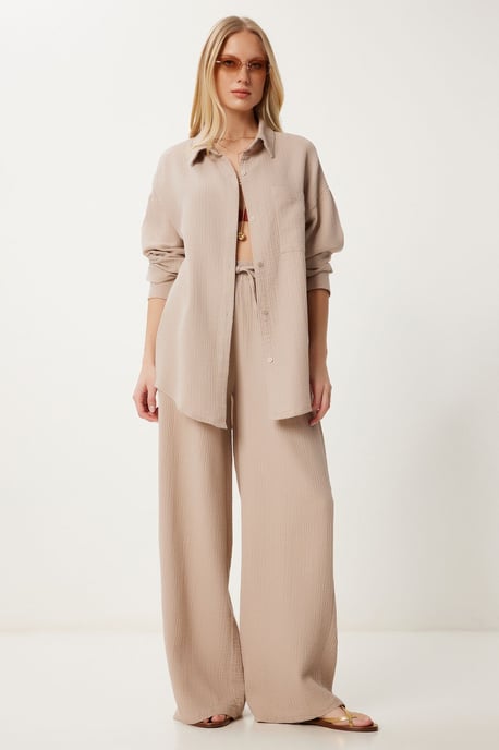 Hoge Taille Brede Pijpen Twee-Delig Co-ord Set met Kraag - Image 2