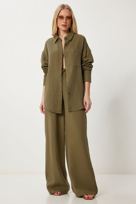 Hoge Taille Brede Pijpen Twee-Delig Co-ord Set met Kraag - Image 2