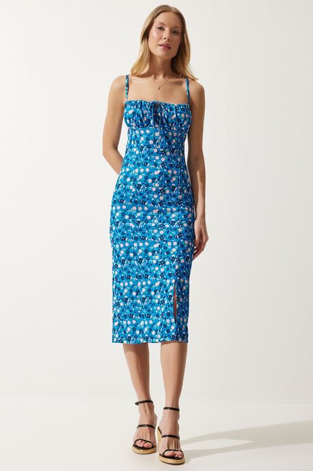 Bloemengebroken Ribbel Bodycon Midi-jurk met Split - Image 4