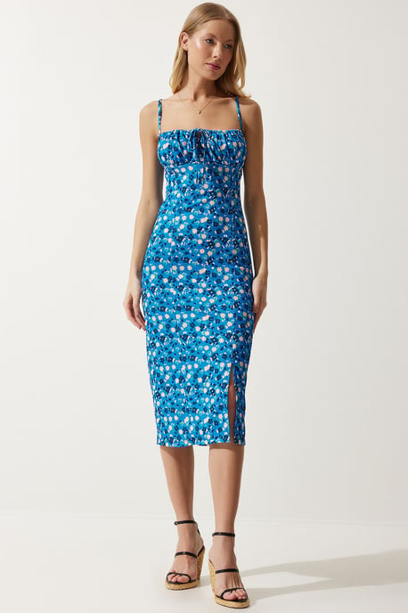 Bloemengebroken Ribbel Bodycon Midi-jurk met Split - Image 5
