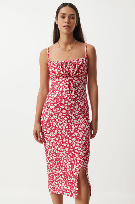 Bloemengebroken Ribbel Bodycon Midi-jurk met Split - Image 2