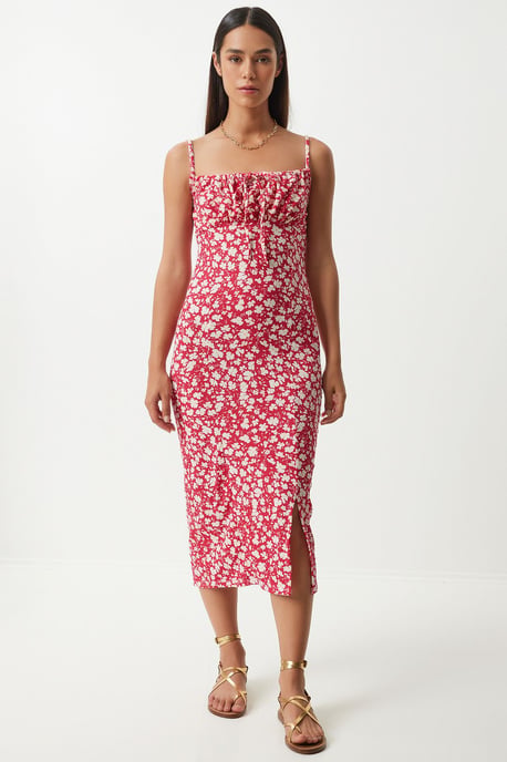 Bloemengebroken Ribbel Bodycon Midi-jurk met Split - Image 3
