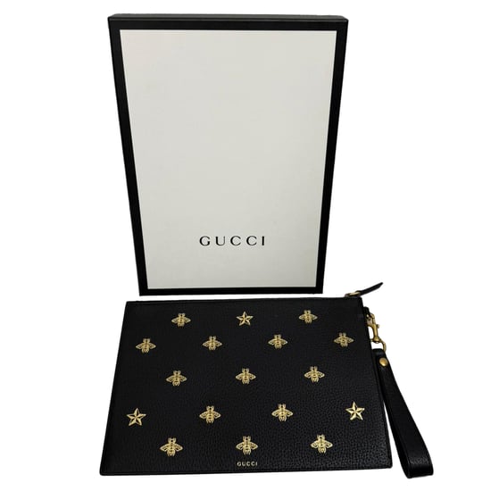 Gucci Dollar Boar Effect Bee Star Zip Wristlet Pouch in zwart kalfsleer - Image 6