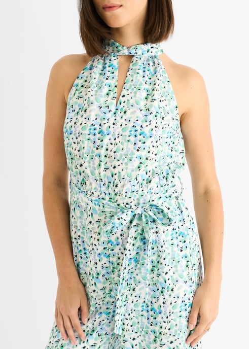 Blauwe jumpsuit met bloemenprint en halternek - Image 2