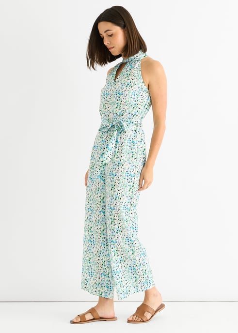 Blauwe jumpsuit met bloemenprint en halternek - Image 3