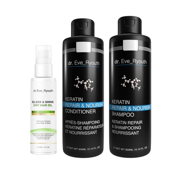 Keratine Herstel & Voeding Shampoo 300 ml + Keratine Herstel & Voeding Conditioner 300 ml + SLIK & GLANZEND DROGE HAAROLIE 60 ML - Image 1