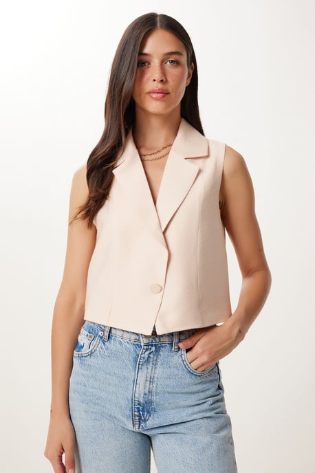 Mouwloze Linnen Schalencollar Cropped Vest - Image 1