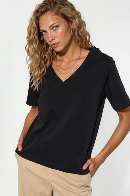 V-hals Effen Regular Fit Katoenen T-shirt - Image 2