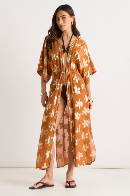Oranje kaftan-kimono met bloemenprint en lurex, aan de voorkant te strikken - Image 1