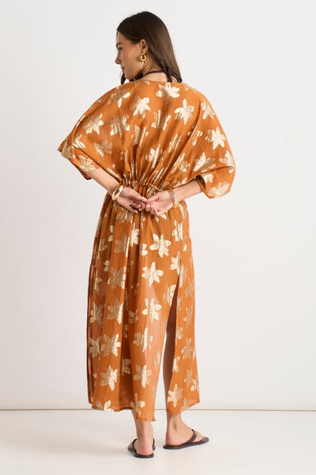 Oranje kaftan-kimono met bloemenprint en lurex, aan de voorkant te strikken - Image 4