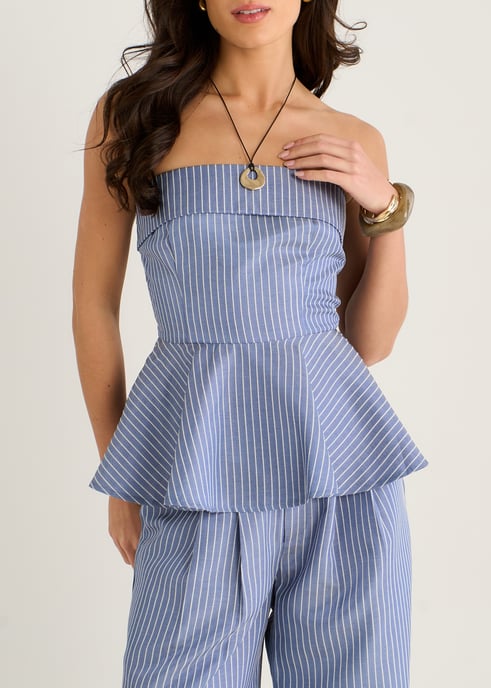 Blauwe peplumtop met Bardot-strepen - Image 2