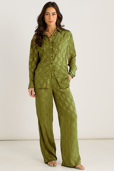 Kaki satijnen jacquardbroek met bloemenprint - Image 1