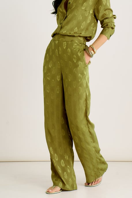 Kaki satijnen jacquardbroek met bloemenprint - Image 2