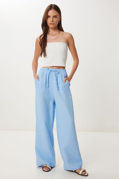 Wide Leg Drawstring Waist Pants with Binding Detail - Image 2