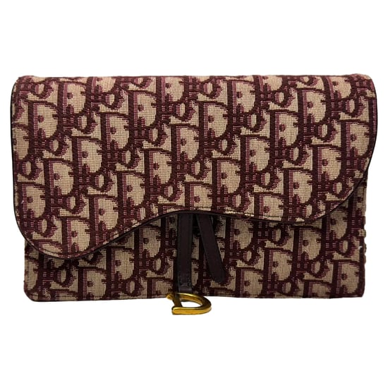 Dior Saddle Oblique portemonnee met ketting in bordeauxrood canvas - Image 1