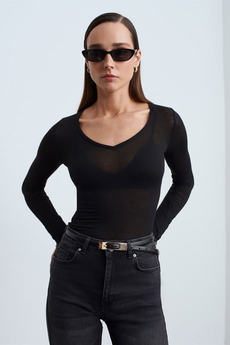 Slim Fit V-hals Lange Mouw Top - Image 1