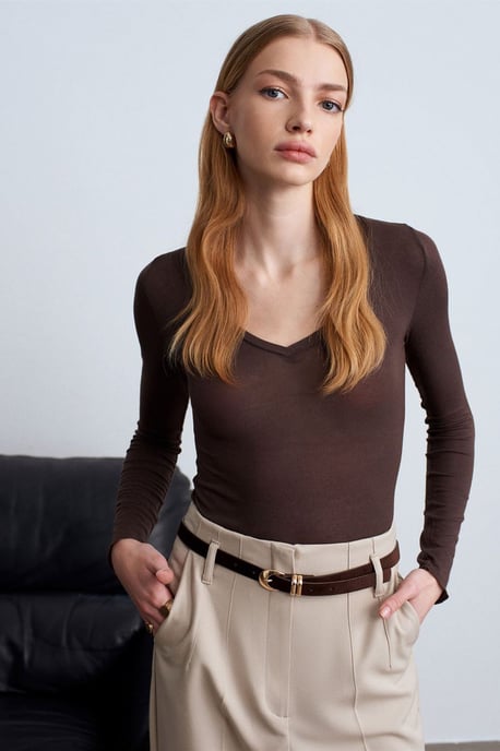 Slim Fit V-hals Lange Mouw Top - Image 3