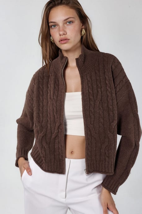 Korte Zachte Touch Rits Kabelgebreide Cardigan - Image 1