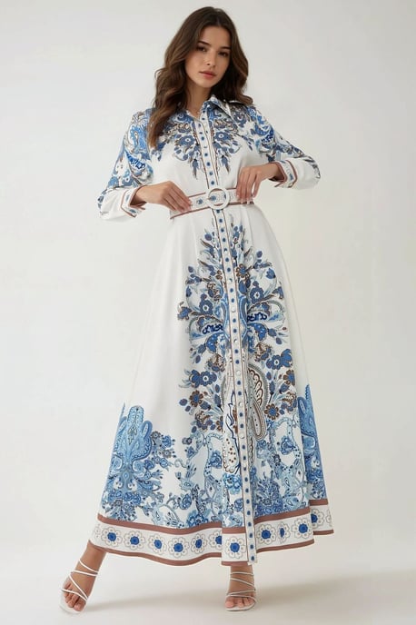 Printed Long Sleeve Maxi Dress with Belt - Image 1