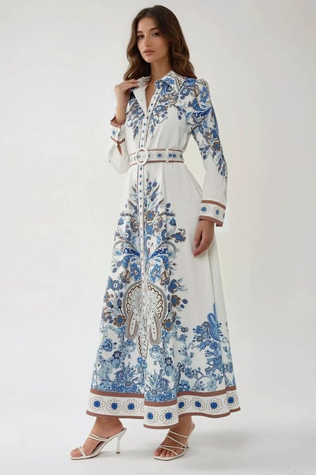 Printed Long Sleeve Maxi Dress with Belt - Image 2