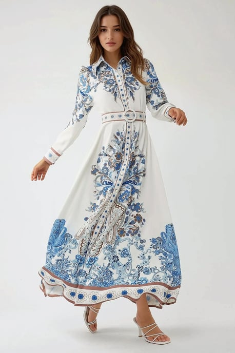Printed Long Sleeve Maxi Dress with Belt - Image 3