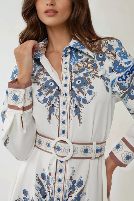 Printed Long Sleeve Maxi Dress with Belt - Image 4