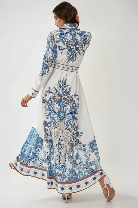 Printed Long Sleeve Maxi Dress with Belt - Image 5