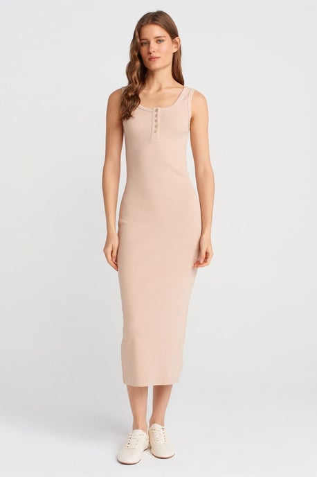 Geribbelde Midi Bodycon Jurk Met Knopen - Image 1