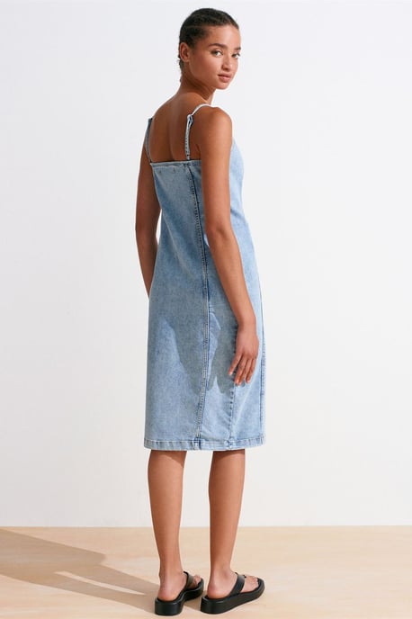 Aansluitende midi denim jurk met vierkante halslijn - Image 2