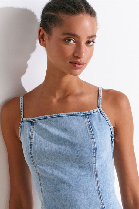 Aansluitende midi denim jurk met vierkante halslijn - Image 3