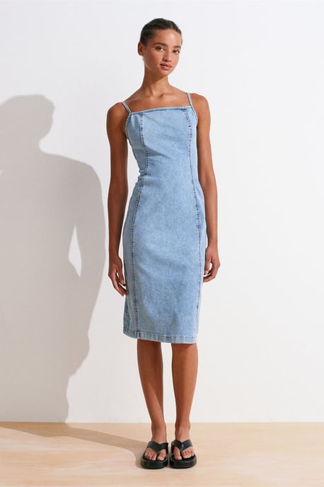 Aansluitende midi denim jurk met vierkante halslijn - Image 5