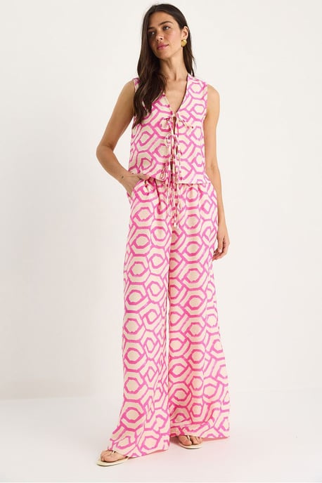 Geometrische V-hals Lange Tuniek en Wijde Pantalon Set - Image 1