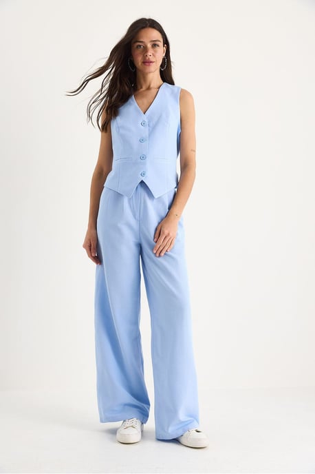 V-hals Vest en Wijde Pantalon Twee-delige Coord Set - Image 2