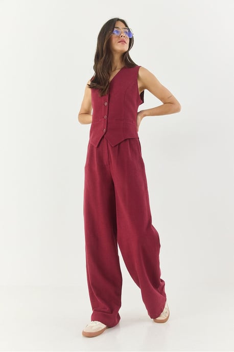V-hals Vest en Wijde Pantalon Twee-delige Coord Set - Image 4